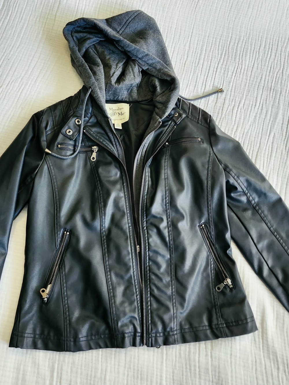 Maralyn & Me Black Faux Leather Hooded Moto Jacket